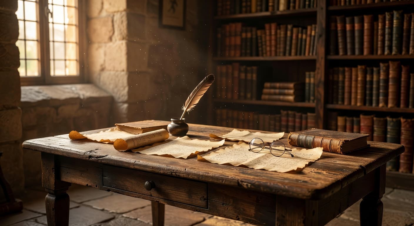 Libros antiguos abiertos sobre una mesa de madera iluminada por luz natural de una ventana