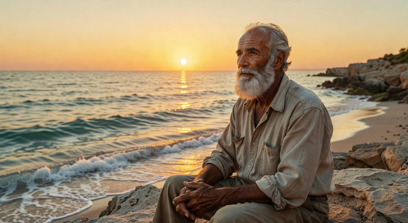 Hombre mayor contemplando el horizonte del mar al atardecer con luz dorada