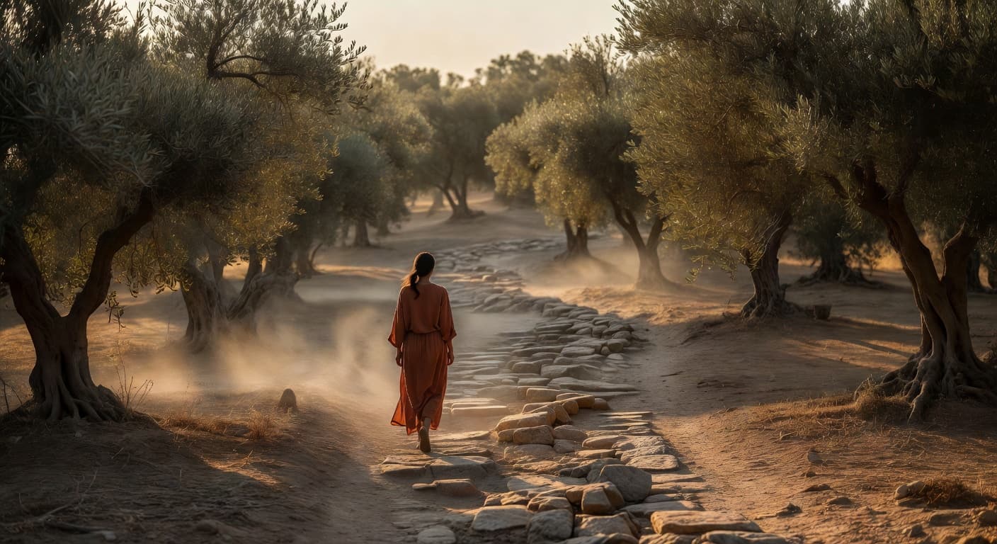 Mujer caminando sola al amanecer por un sendero entre olivos con luz dorada