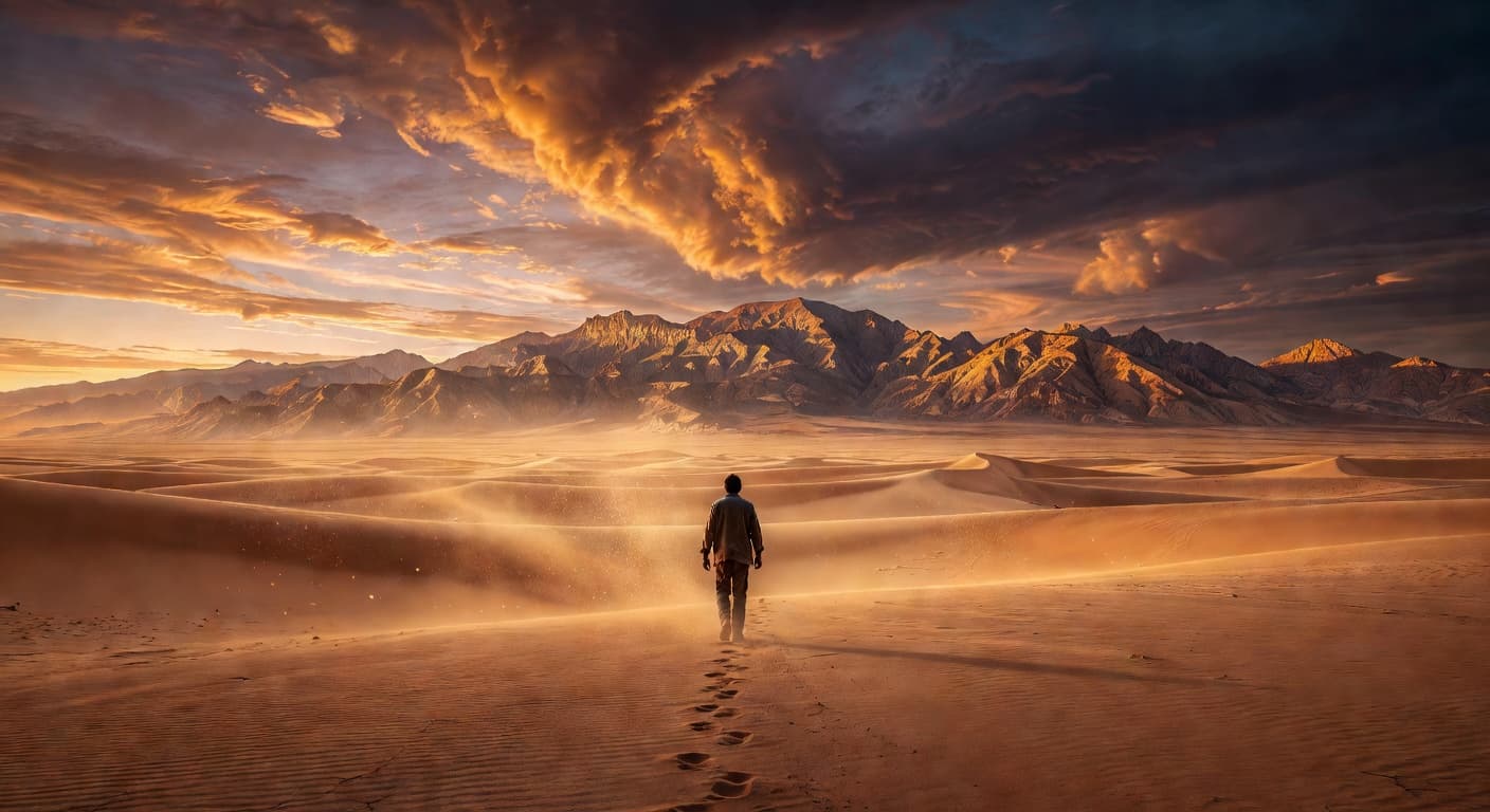 Paisaje desértico con montañas al atardecer y luz dorada que evoca un viaje largo y un propósito