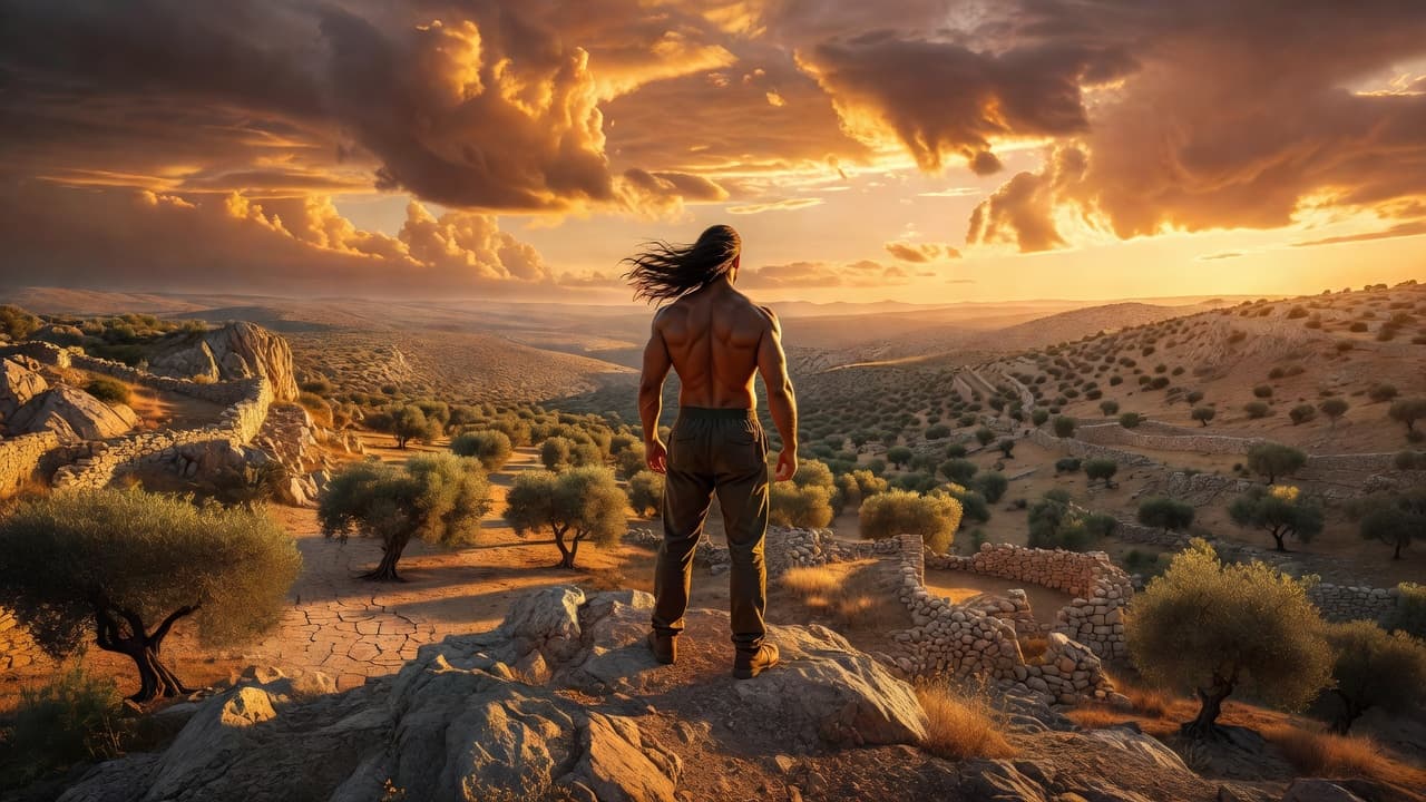 Hombre de espaldas contemplando un amanecer desde una colina rocosa, evocando fuerza y vulnerabilidad