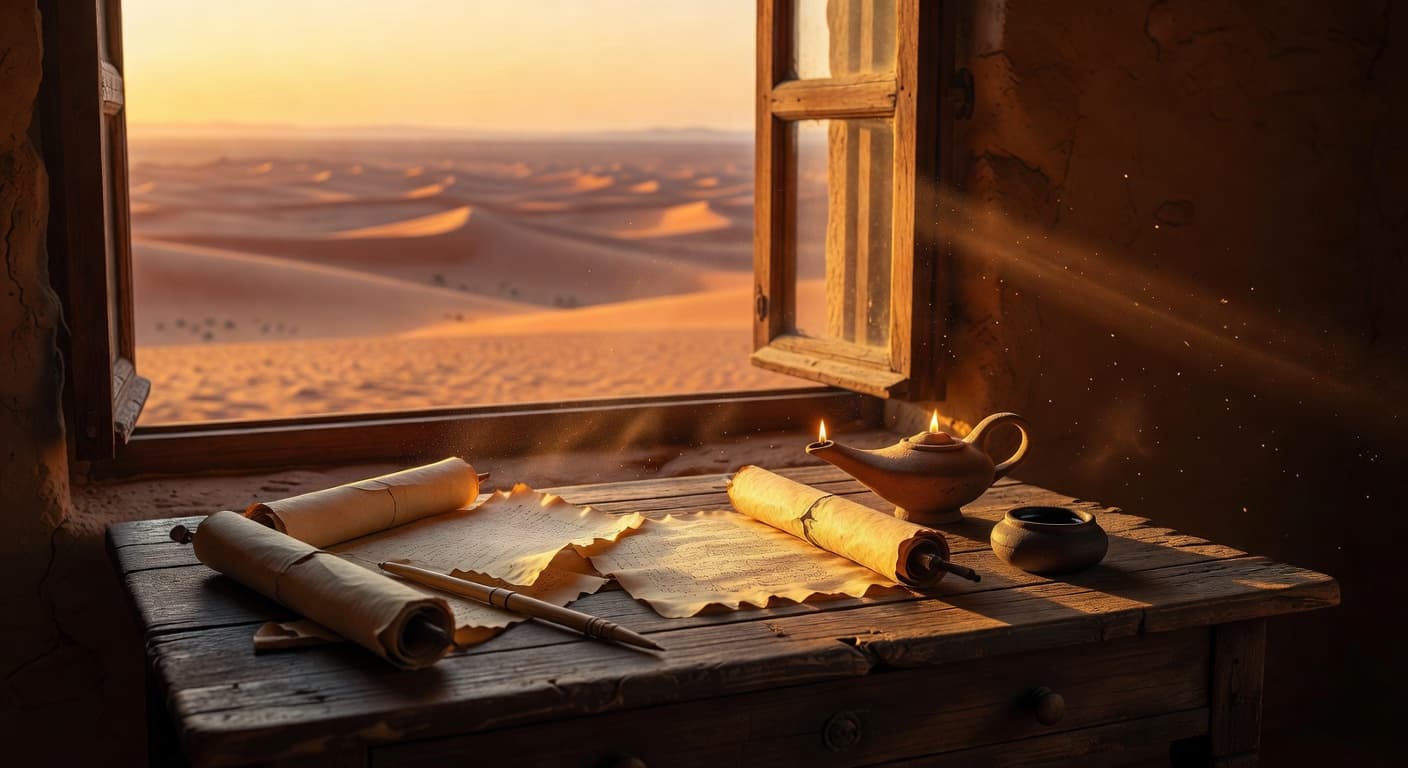 Paisaje desértico con luz dorada al atardecer evocando tiempos antiguos