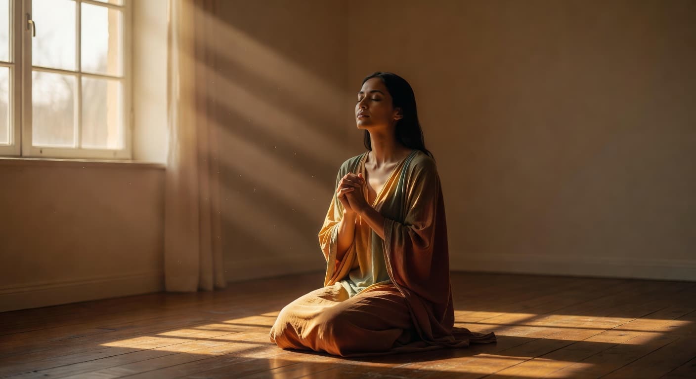 Mujer con las manos juntas en actitud de oración, iluminada por una luz cálida y suave