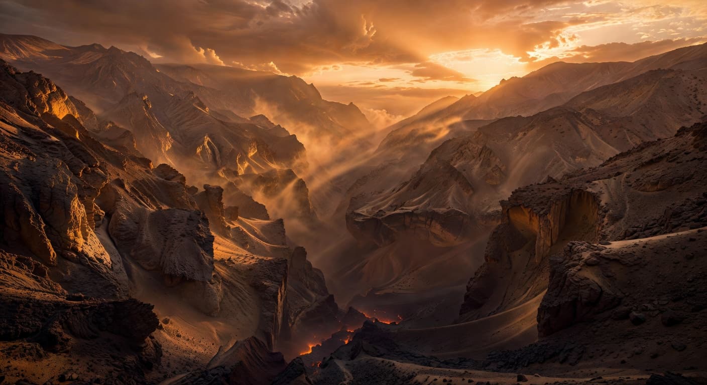Valle profundo entre montañas rocosas iluminado por una luz dramática al atardecer