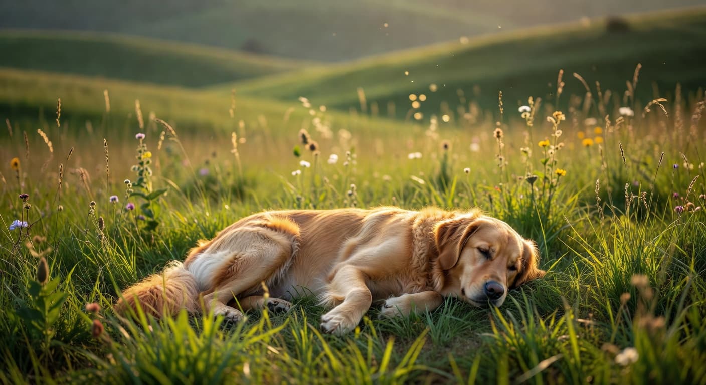 Un perro descansando tranquilamente en un campo iluminado por la luz dorada del atardecer