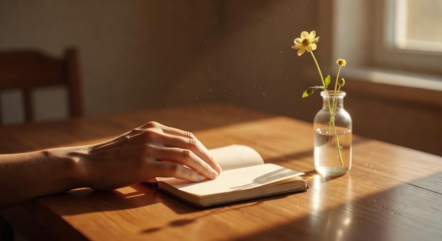 Mano escribiendo con luz cálida sobre una mesa de madera, evocando la reflexión y la memorización