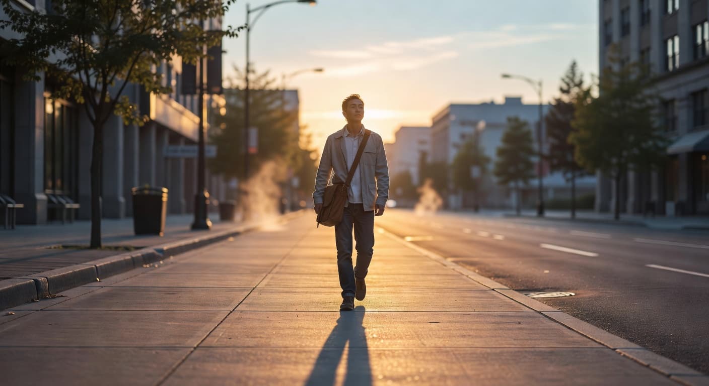 Persona caminando por una calle iluminada por la luz del amanecer, con el horizonte despejado frente a ella