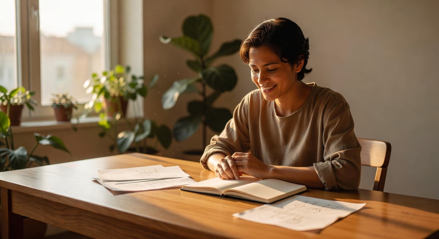Persona trabajando con dedicación en un escritorio iluminado por luz natural de la mañana