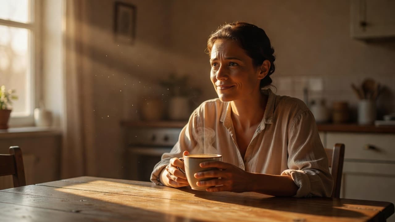 Persona sentada junto a una ventana con luz cálida del amanecer mientras reflexiona en silencio