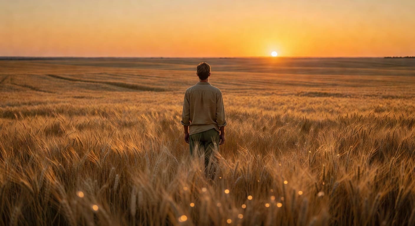 Persona contemplando un paisaje abierto con luz cálida al atardecer, transmitiendo paz interior