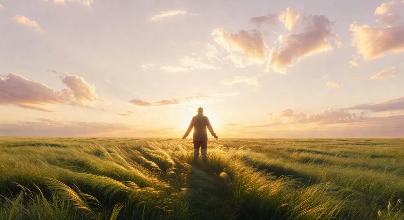 Persona contemplando un amanecer cálido con luz dorada sobre un paisaje abierto