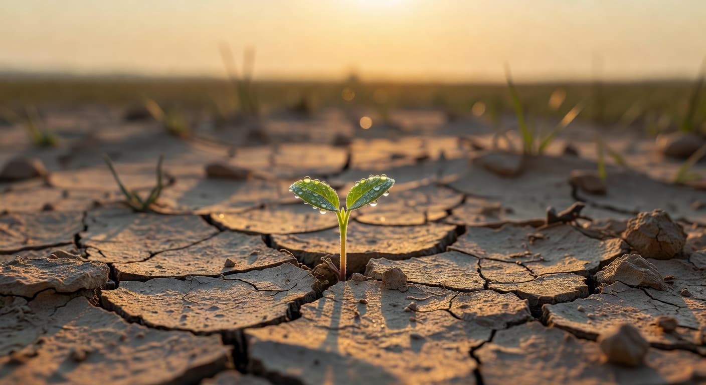 Pequeña planta verde brotando entre tierra seca, iluminada por luz cálida del amanecer