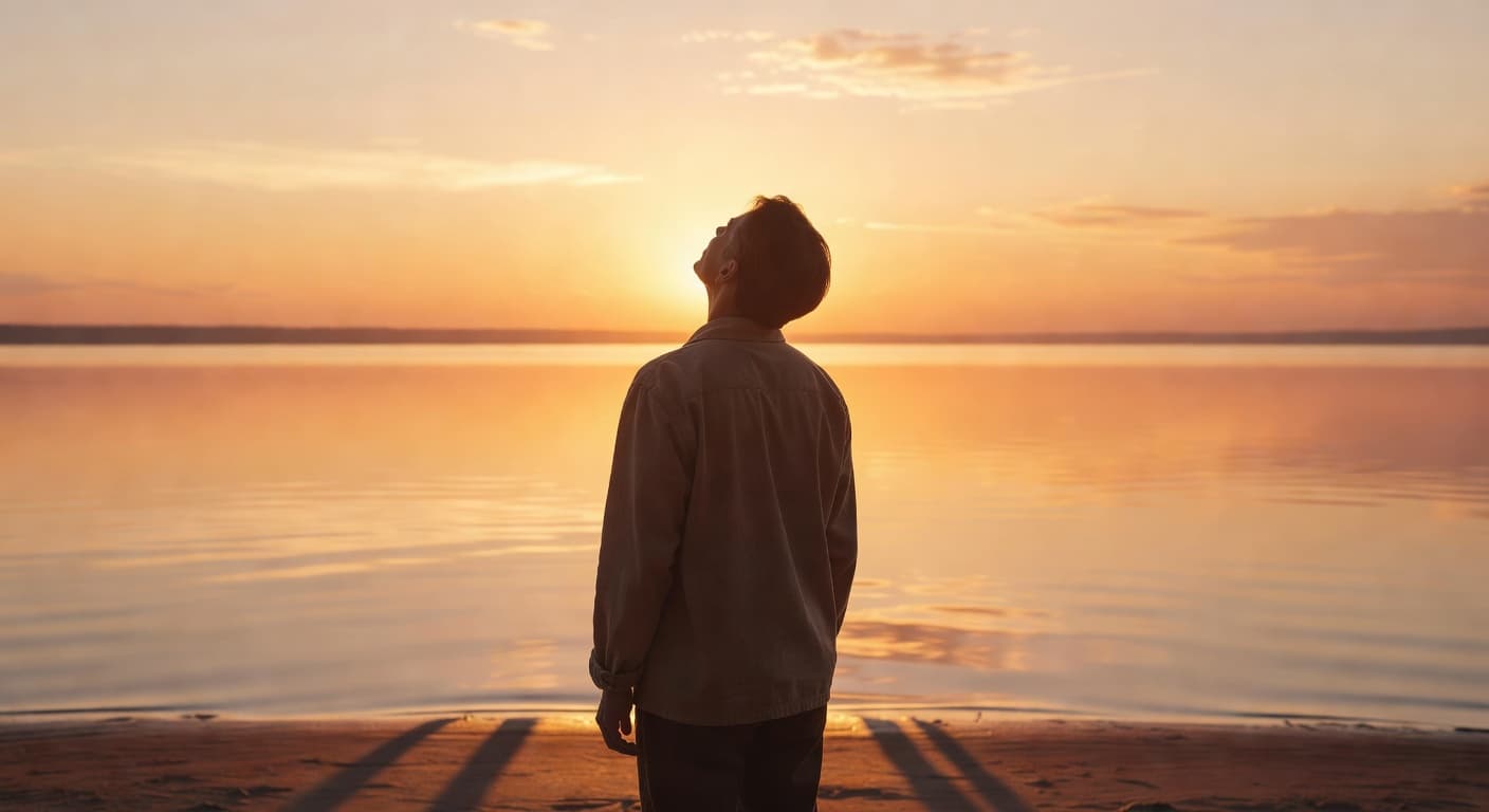 Persona de espaldas mirando hacia un horizonte iluminado por luz cálida al amanecer