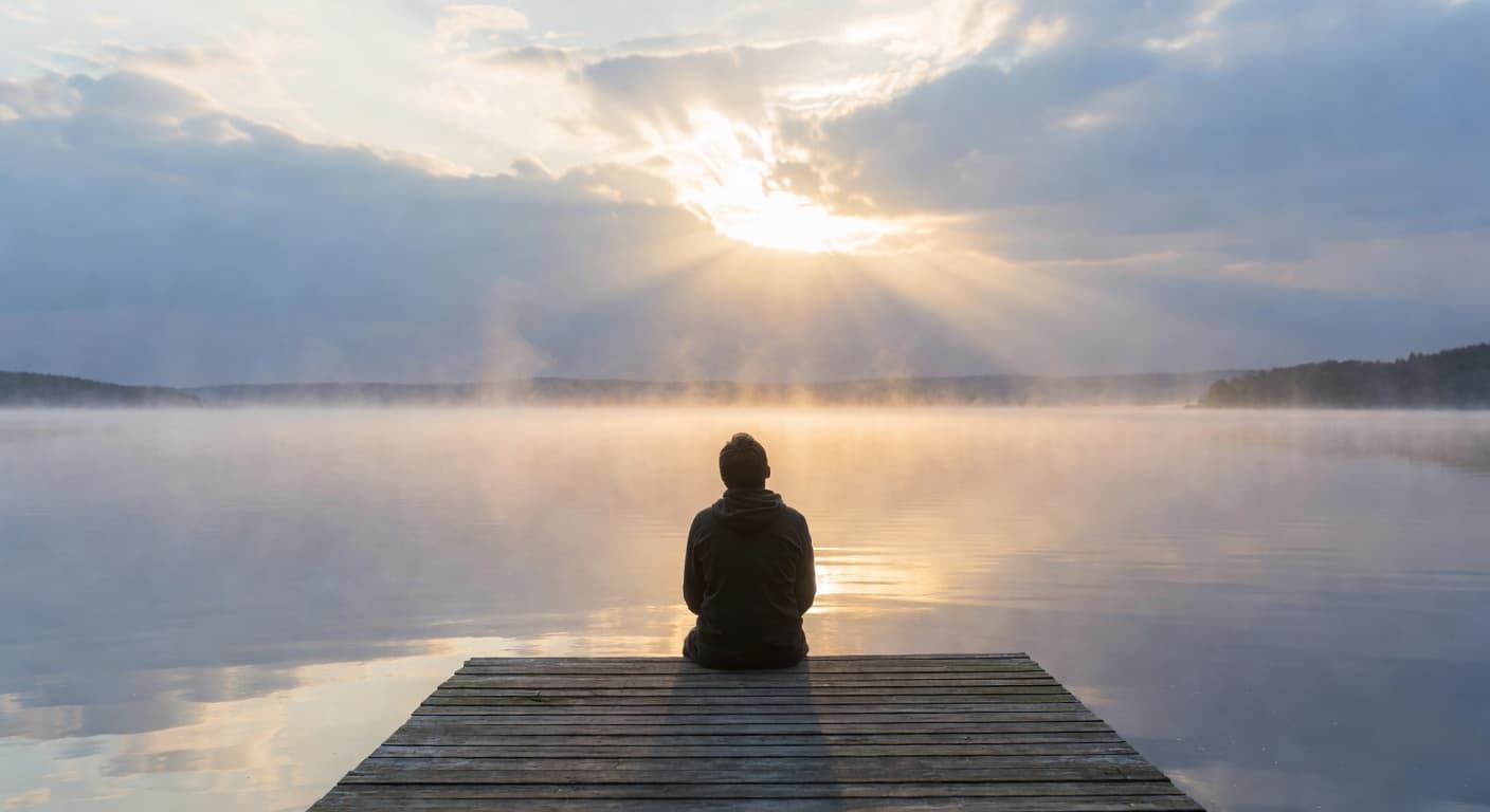 Persona sentada mirando el amanecer después de una noche difícil, con luz cálida en el horizonte