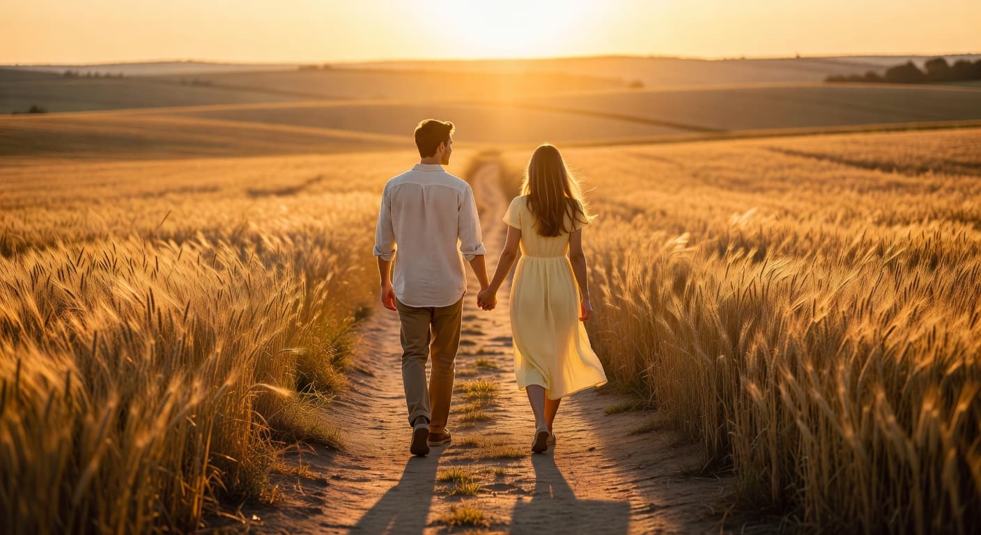 Pareja caminando junta tomados de la mano por un sendero iluminado por luz cálida al atardecer