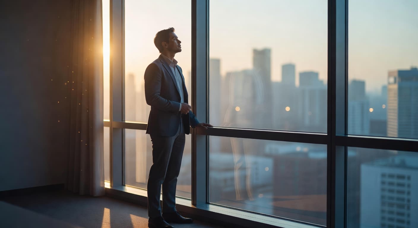 Persona mirando por una ventana de oficina hacia la luz del amanecer, reflejando esperanza en medio del trabajo