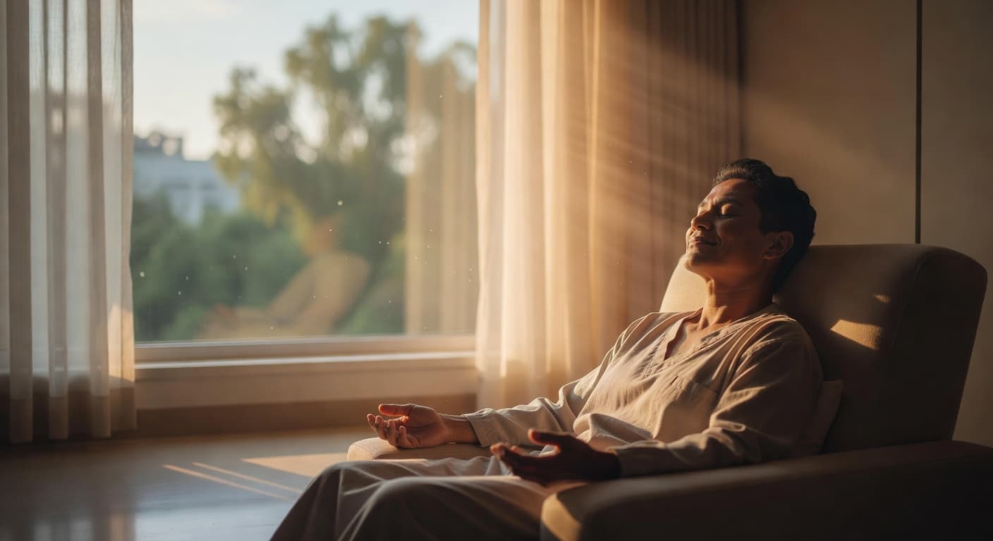 Persona en calma con luz cálida entrando por una ventana, transmitiendo paz y serenidad