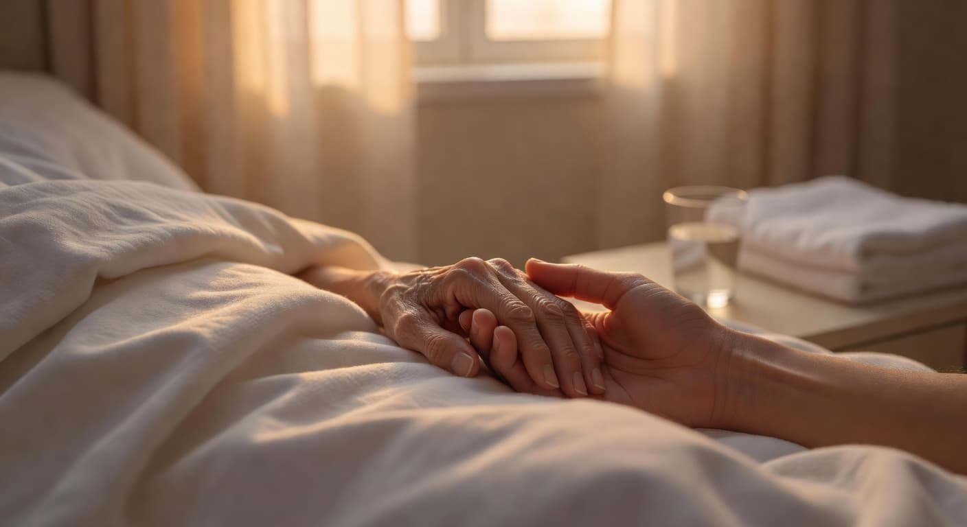 Una mano sosteniendo con ternura la mano de otra persona en una habitación iluminada por luz cálida