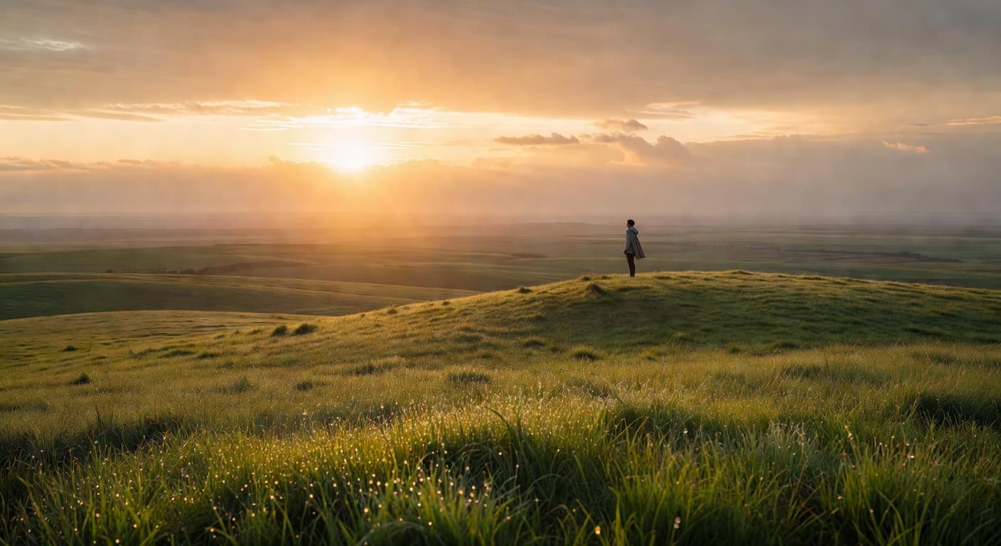Amanecer dorado sobre un horizonte amplio que evoca nuevos comienzos y esperanza