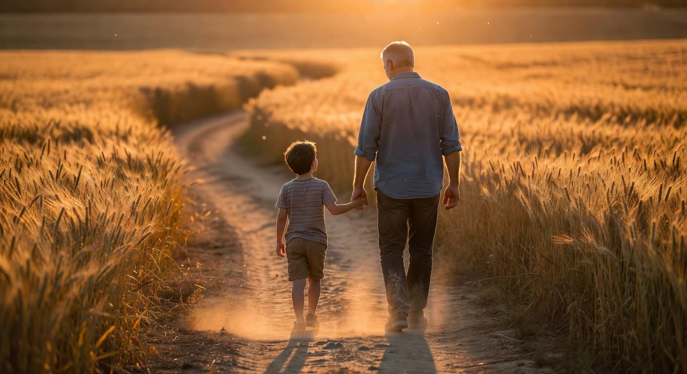 Padre e hijo caminando juntos por un sendero al atardecer con luz dorada