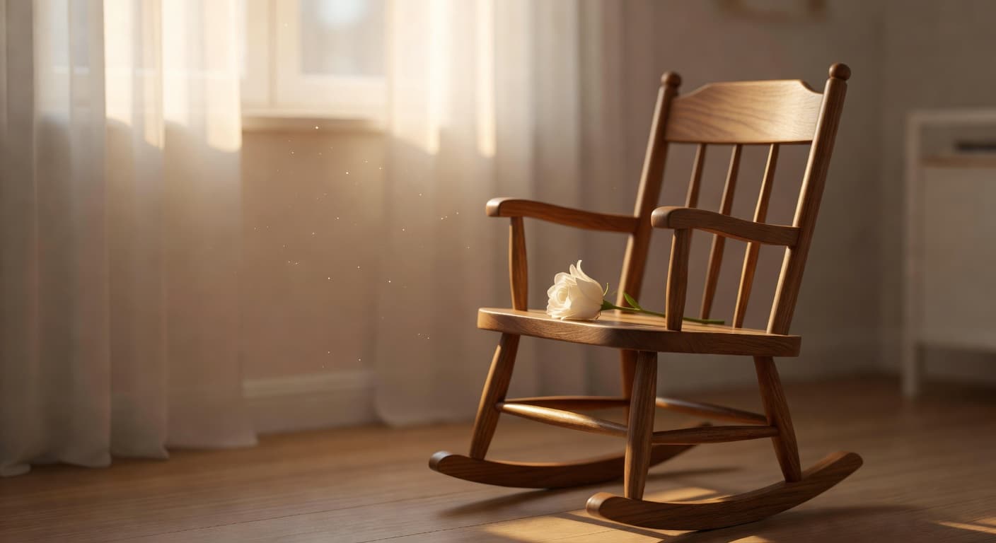 Luz suave del amanecer entrando por una ventana sobre una mecedora vacía, evocando espera y esperanza silenciosa
