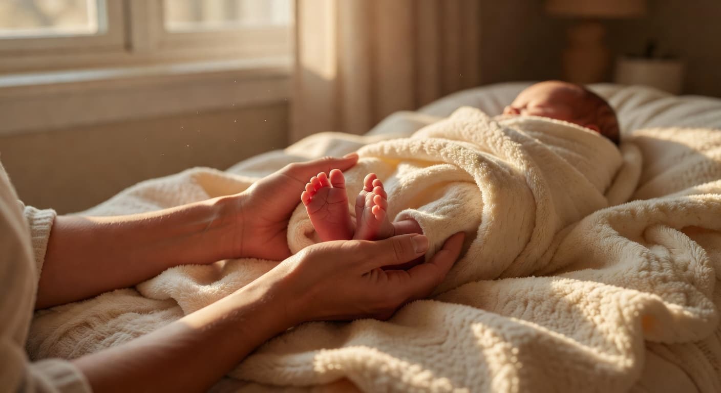Manos de una madre sosteniendo los pequeños pies de un recién nacido con luz cálida