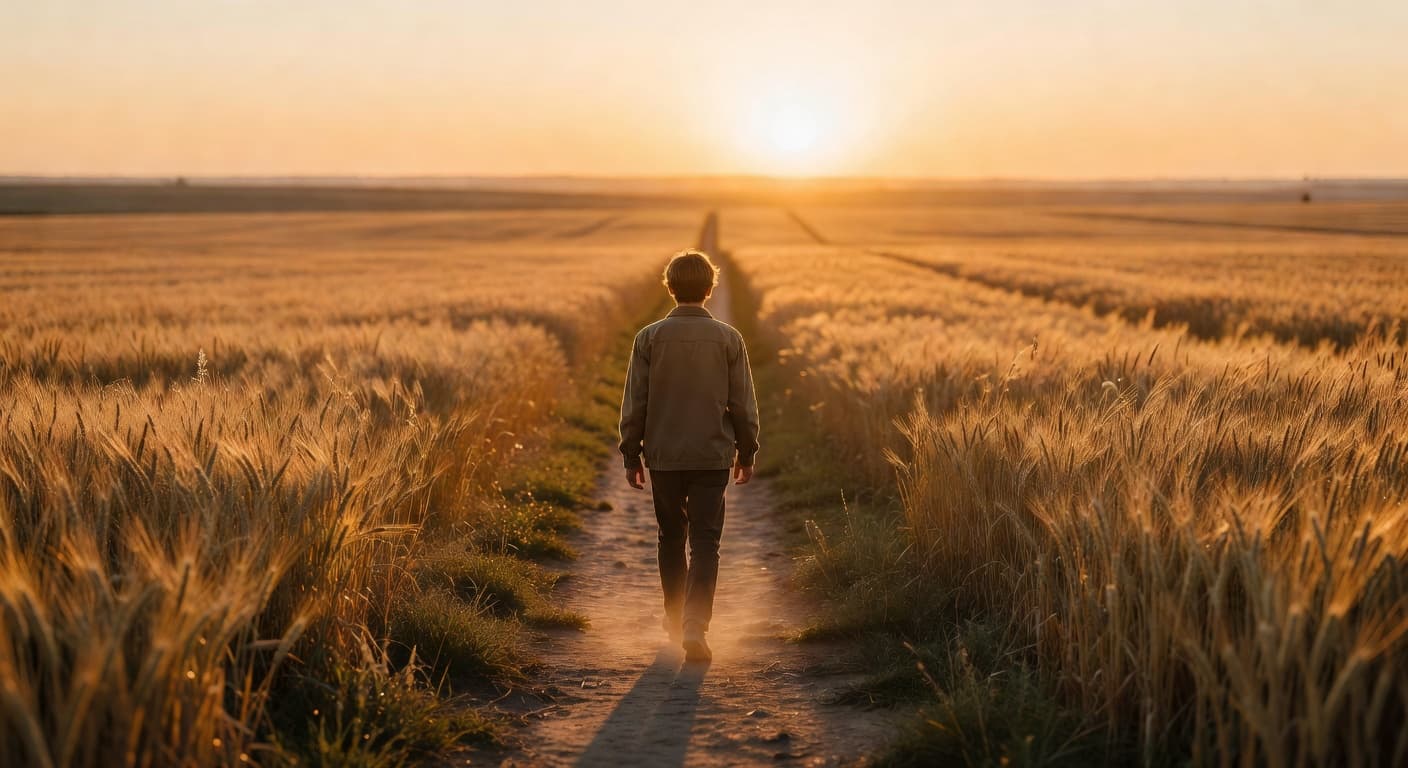 Persona joven caminando hacia un horizonte iluminado por la luz del amanecer, simbolizando un nuevo comienzo