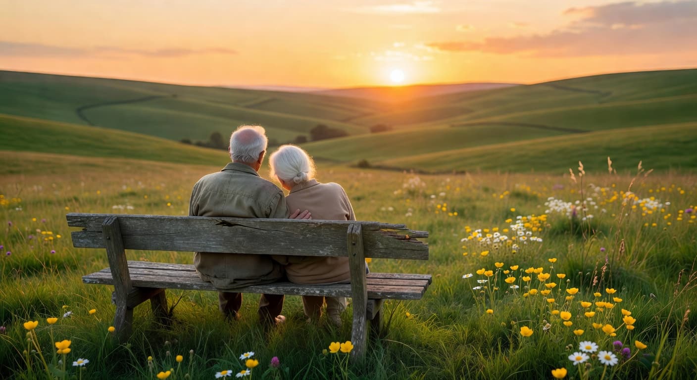 Pareja mayor sentada en un banco contemplando un atardecer dorado en un paisaje natural