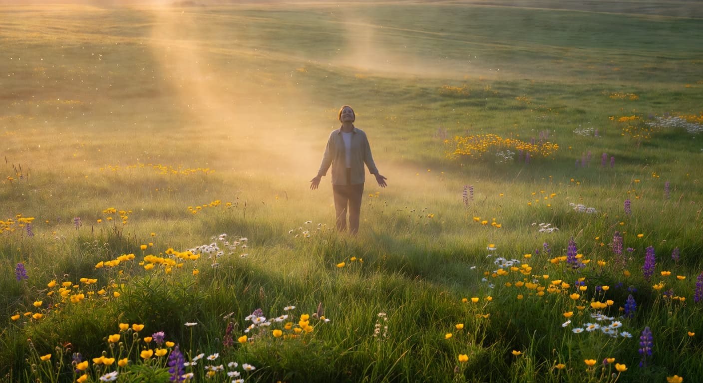 Persona de pie frente a la luz del amanecer con los brazos ligeramente abiertos, evocando esperanza y restauración