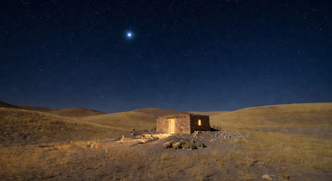 Noche estrellada con luz cálida iluminando un paisaje tranquilo