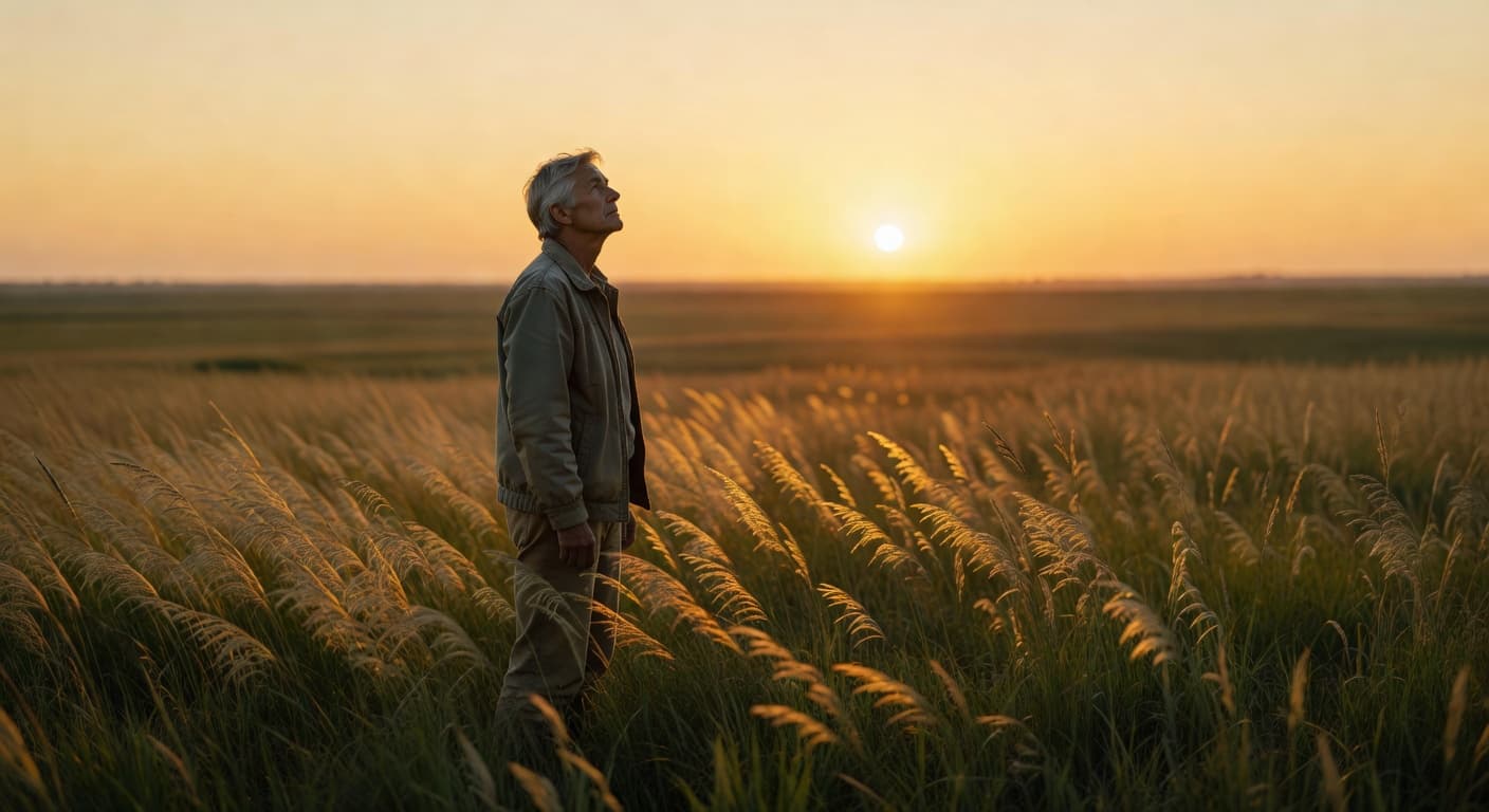Padre mirando hacia el horizonte al atardecer con expresión de esperanza y reflexión