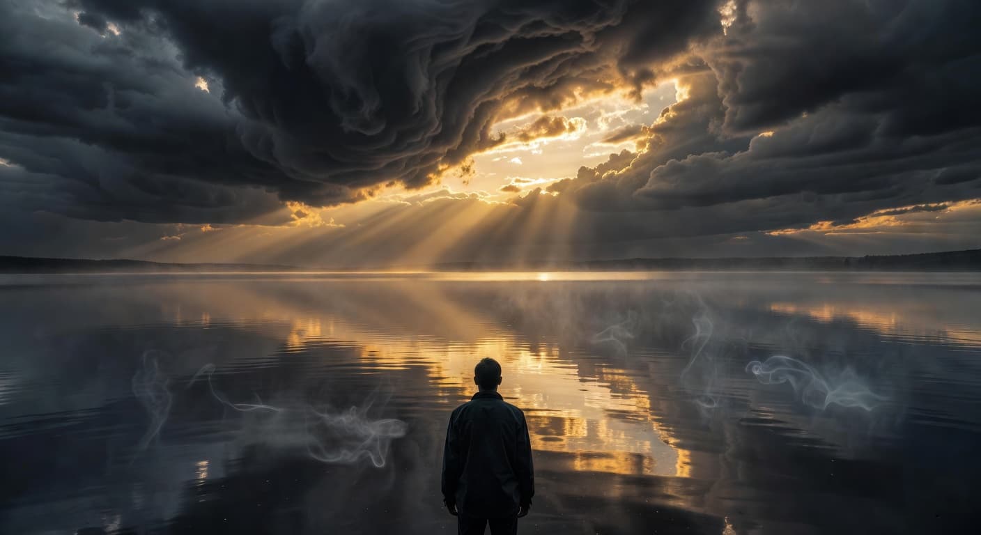 Cielo nublado con un rayo de luz cálida abriéndose paso entre las nubes al atardecer
