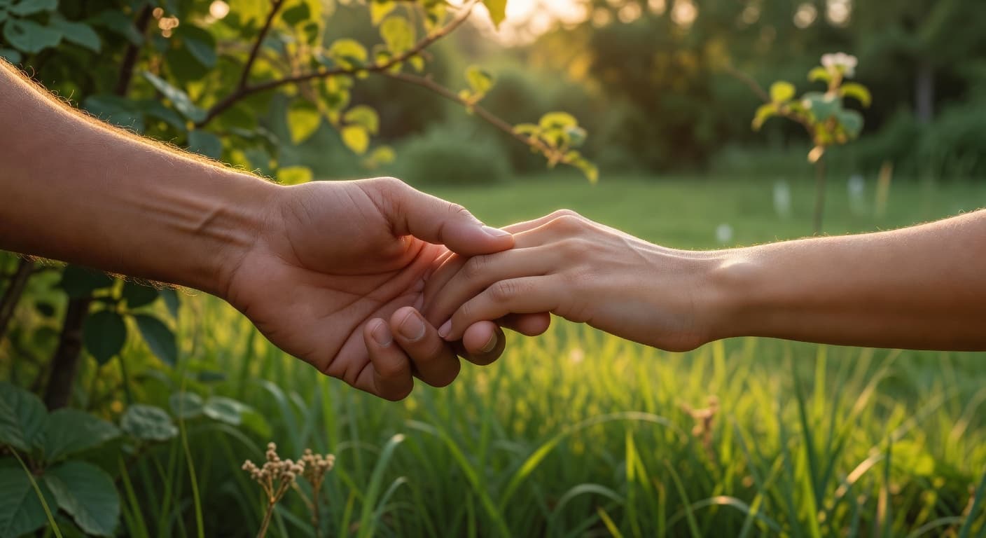 Pareja tomada de las manos en un jardín iluminado por luz dorada al atardecer