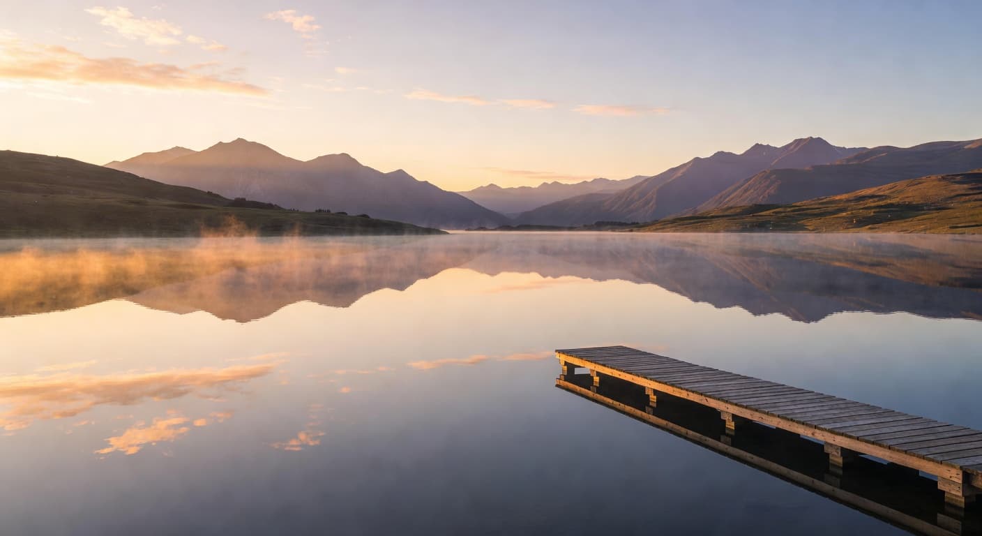 Amanecer sereno sobre un lago en calma rodeado de montañas, reflejando tonos dorados y azules