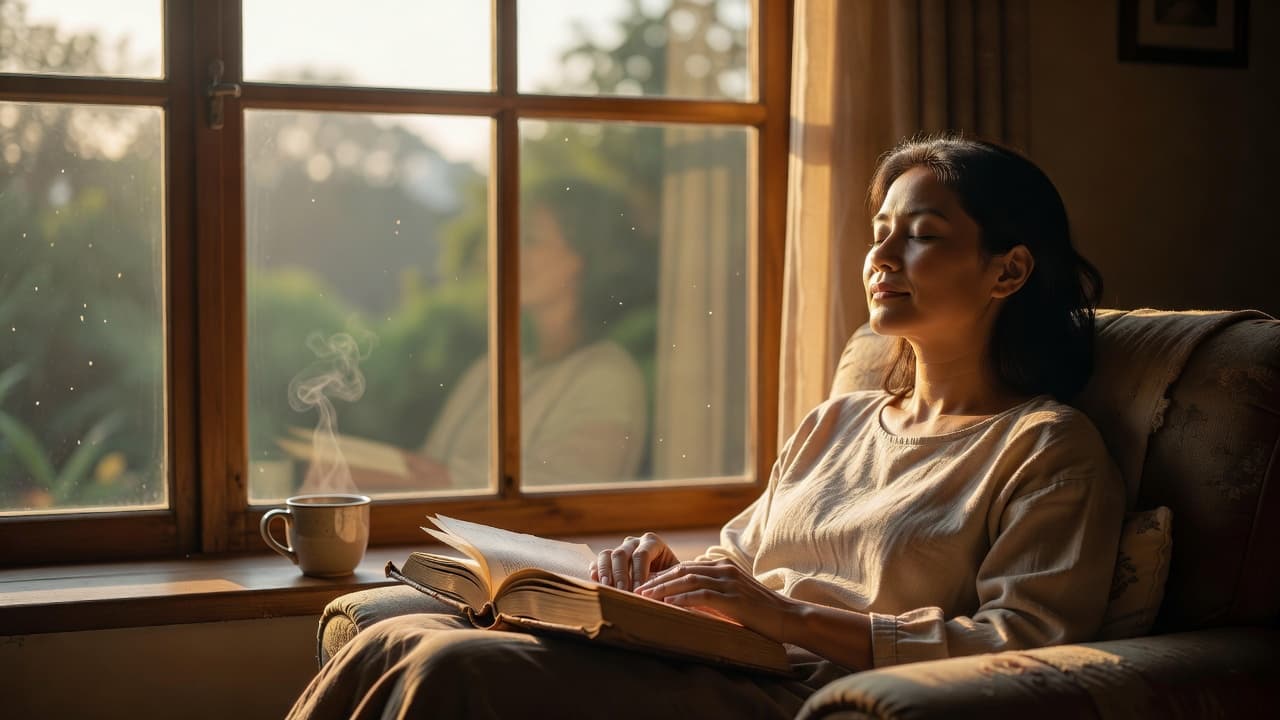 Persona sentada junto a una ventana con luz cálida del amanecer, leyendo en un momento de reflexión tranquila