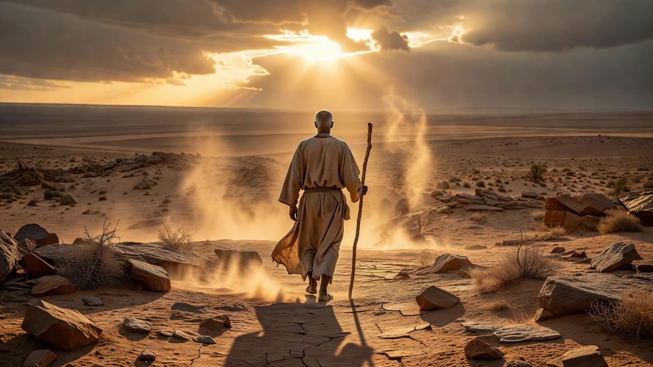 Hombre solitario caminando por un paisaje desértico al amanecer, evocando un viaje de transformación personal
