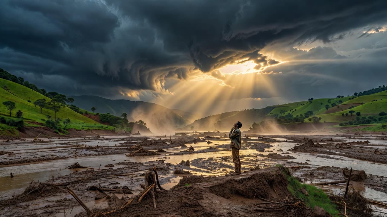 Paisaje después de una tormenta con rayos de sol atravesando las nubes sobre un valle inundado
