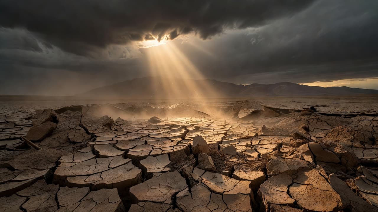 Paisaje agrietado tras un terremoto con un rayo de luz cálida atravesando las nubes sobre las ruinas
