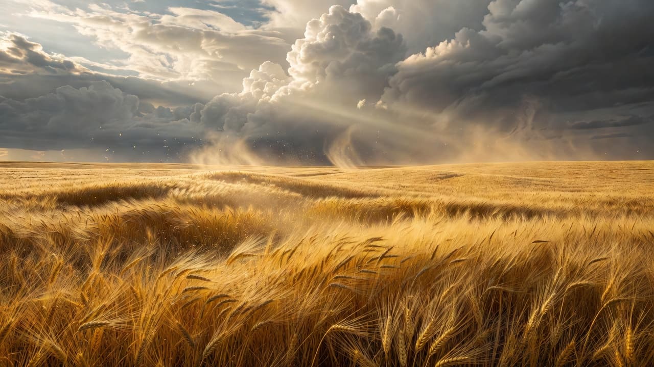 Paisaje con viento fuerte moviendo un campo de trigo dorado bajo cielo dramático con nubes y rayos de luz