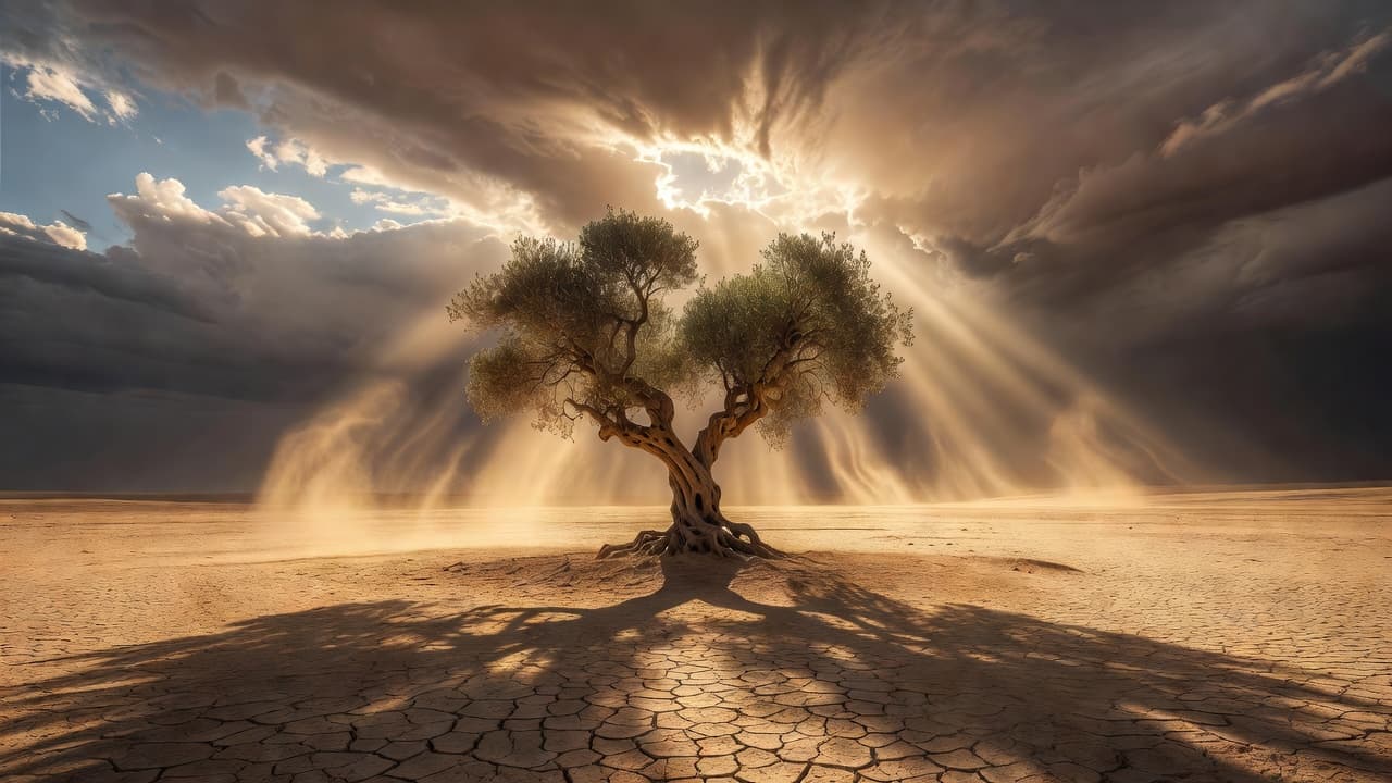 Paisaje desértico con luz dorada del amanecer entre nubes tormentosas, evocando la travesía entre el dolor y la esperanza