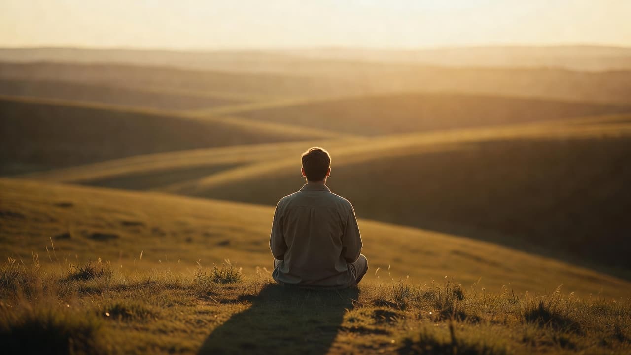 Persona en silencio frente a un paisaje amplio con luz dorada del amanecer, evocando un momento de reflexión íntima