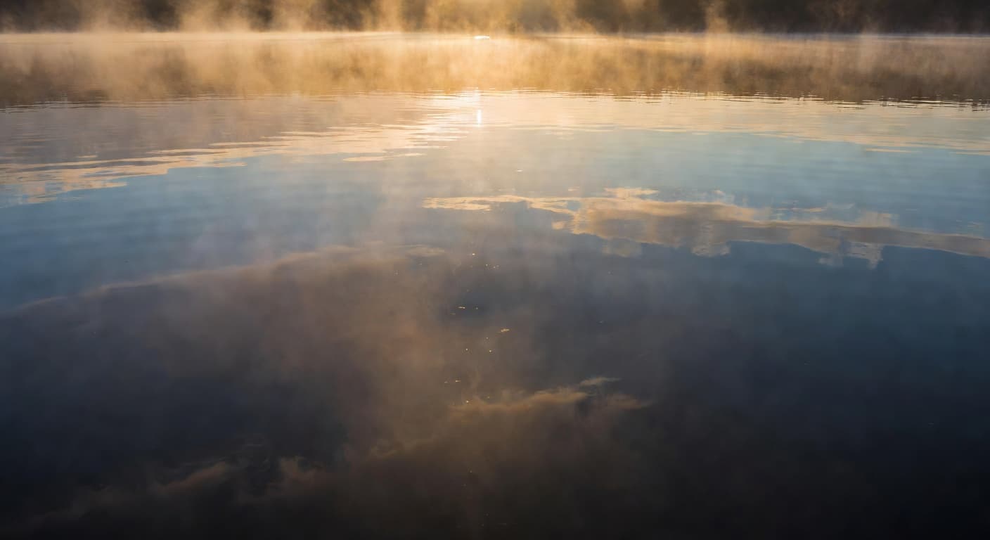 Luz dorada atravesando la niebla sobre un paisaje natural al amanecer, evocando lo visible y lo invisible