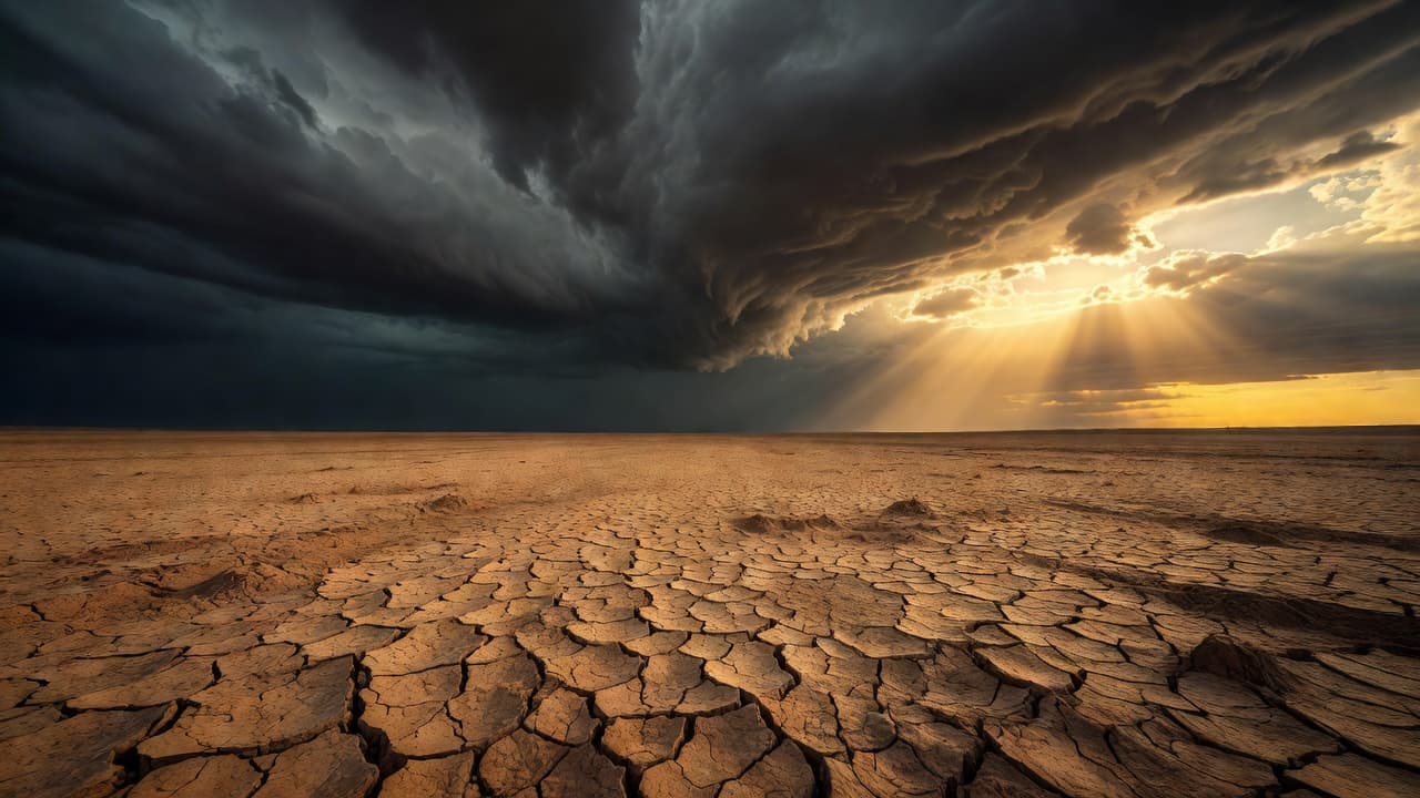 Paisaje desolado con tierra agrietada y un cielo dramático entre nubes oscuras y luz intensa al fondo