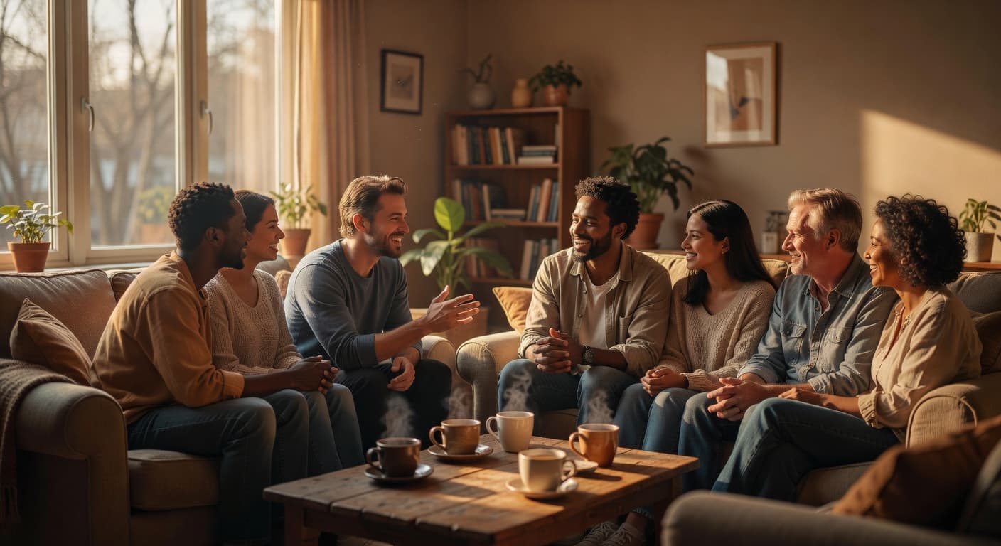 Grupo de personas reunidas en conversación cercana bajo luz cálida