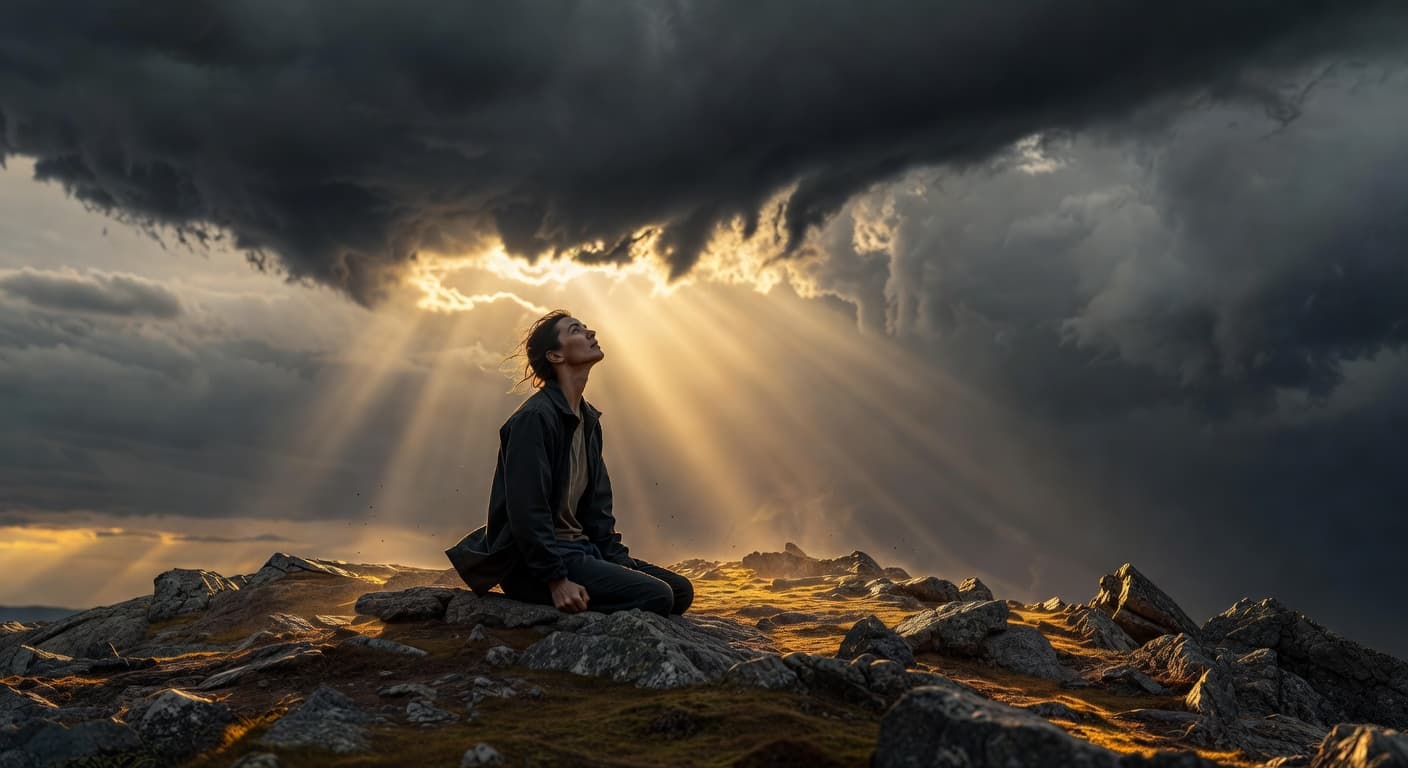 Persona sentada sola frente a un cielo tormentoso con rayos de luz que empiezan a abrirse entre las nubes