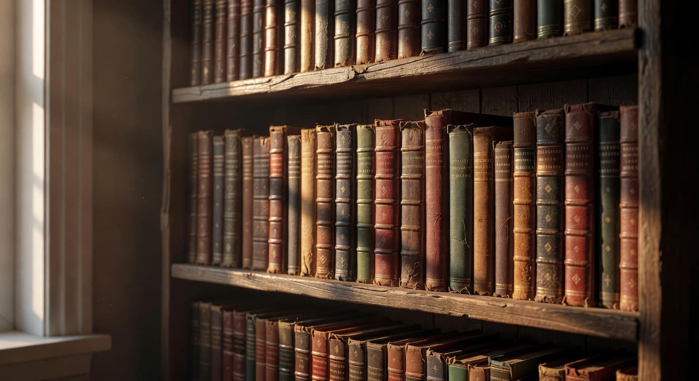 Estantería de biblioteca con libros ordenados iluminada por luz cálida natural