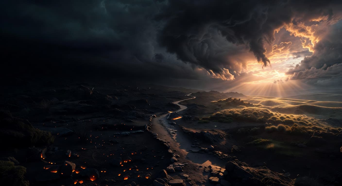 Paisaje oscuro con un horizonte donde la luz cálida del amanecer comienza a romper la oscuridad