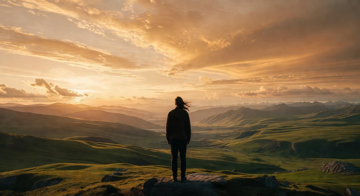 Persona de pie contemplando un amanecer dorado sobre un vasto paisaje de montañas