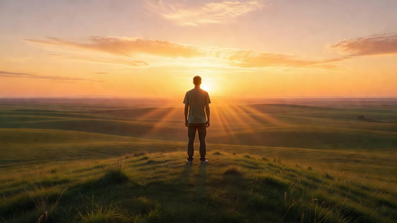 Persona mirando hacia el horizonte desde una colina al amanecer, con luz dorada sobre un paisaje amplio
