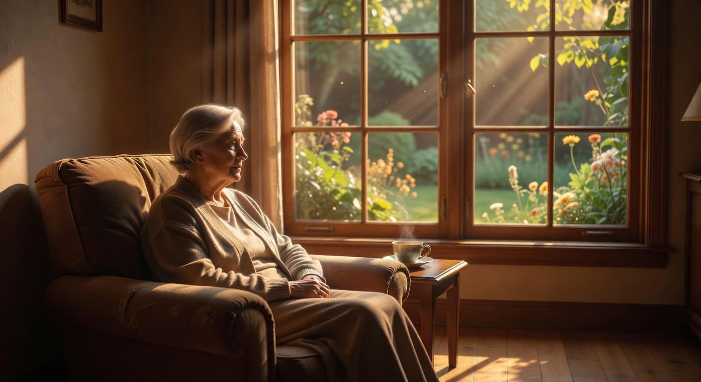 Persona mayor sentada junto a una ventana iluminada por luz cálida de la tarde